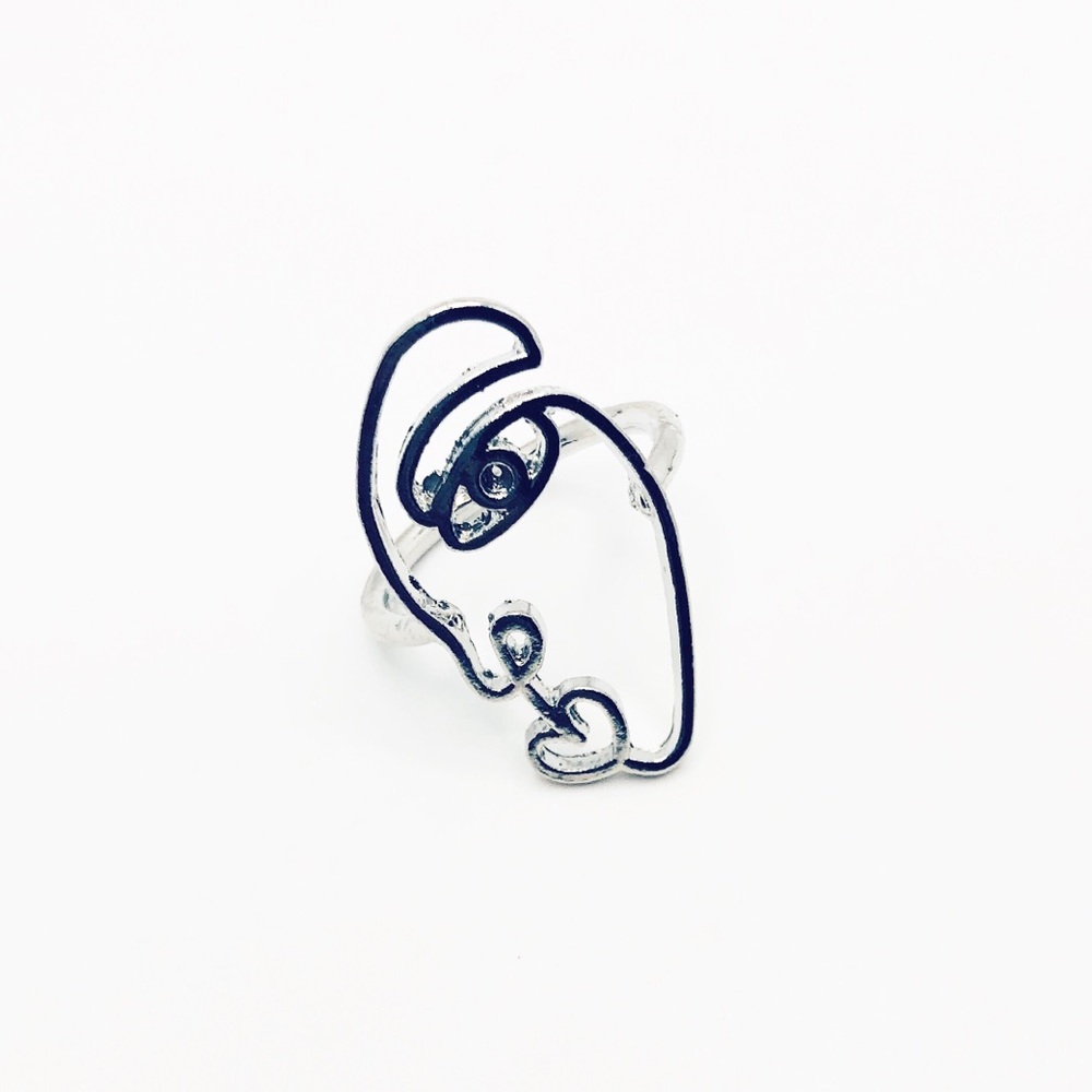 Abstract Picasso face silver tone ring us 7